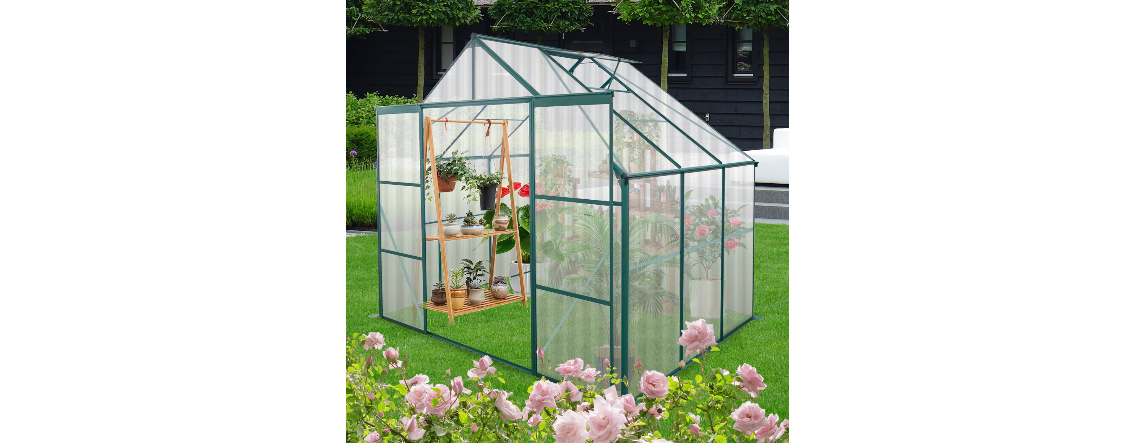 8X6FT-Green Double Door Polycarbonate Greenhouse Raised Base and Anchor Aluminum Heavy Duty Walk-in Greenhouses for Outdoor Backyard in All Season