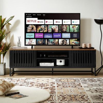 Modern TV Stand with Slatted Doors and Storage