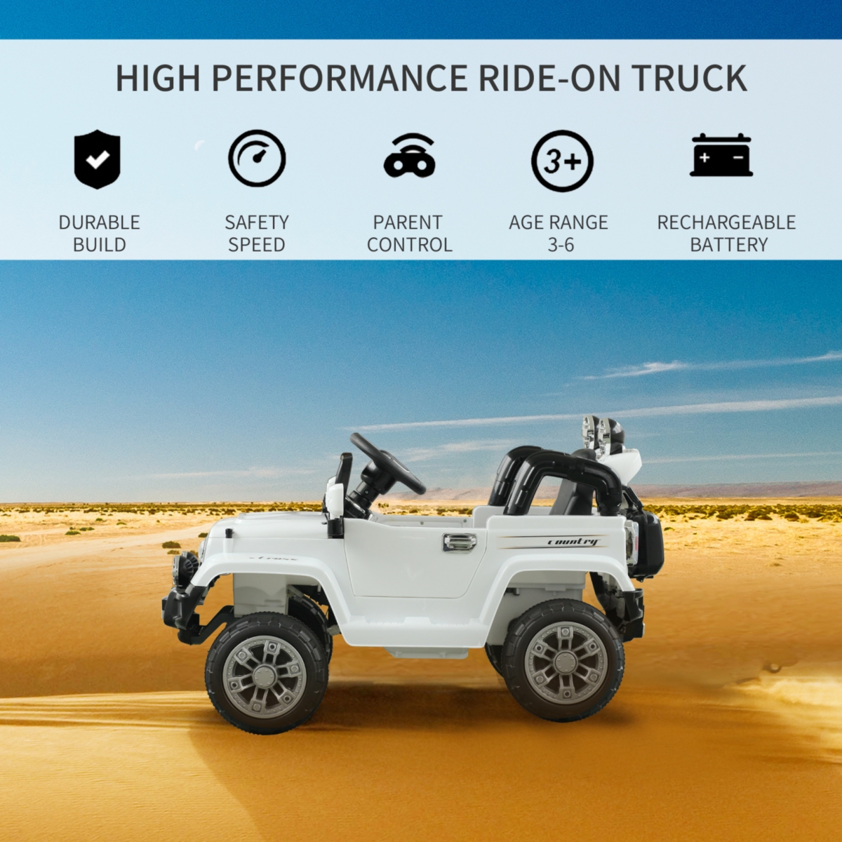 Streamdale Furniture Kids Ride-on Car, Off-Road Truck with MP3 Connection, Working Horn, Steering Wheel, and Remote Control, 12V Motor,- White
