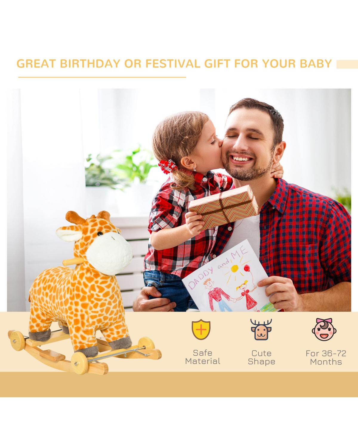 Streamdale Furniture 2-in-1 Kids Plush Ride-On Rocking Horse Toy, Giraffe-shaped Plush Rocker with Realistic Sounds for Children 3 to 6 Years