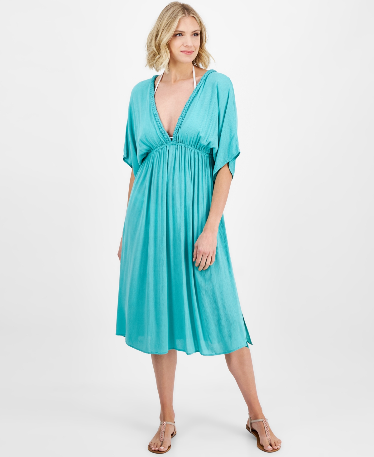 Women's Braid-Trim V-Neck Cover-Up Dress - Aqua