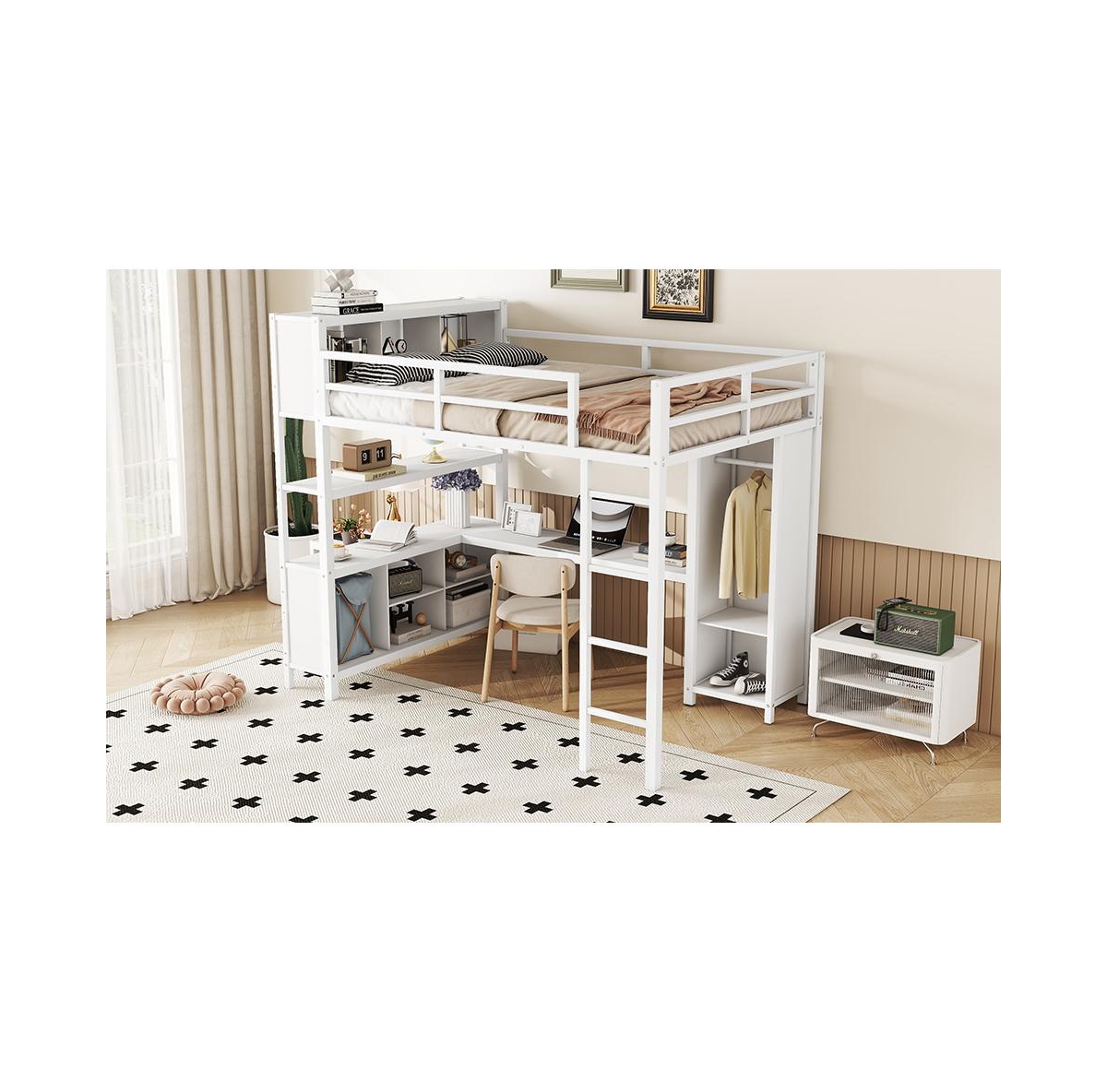 Streamdale Furniture Metal Loft Bed with Wardrobe And L-shaped Desk, Full Size Loft Bed with Storage Cubes and Shelves, Heavy Duty Loft Bed for Kids T