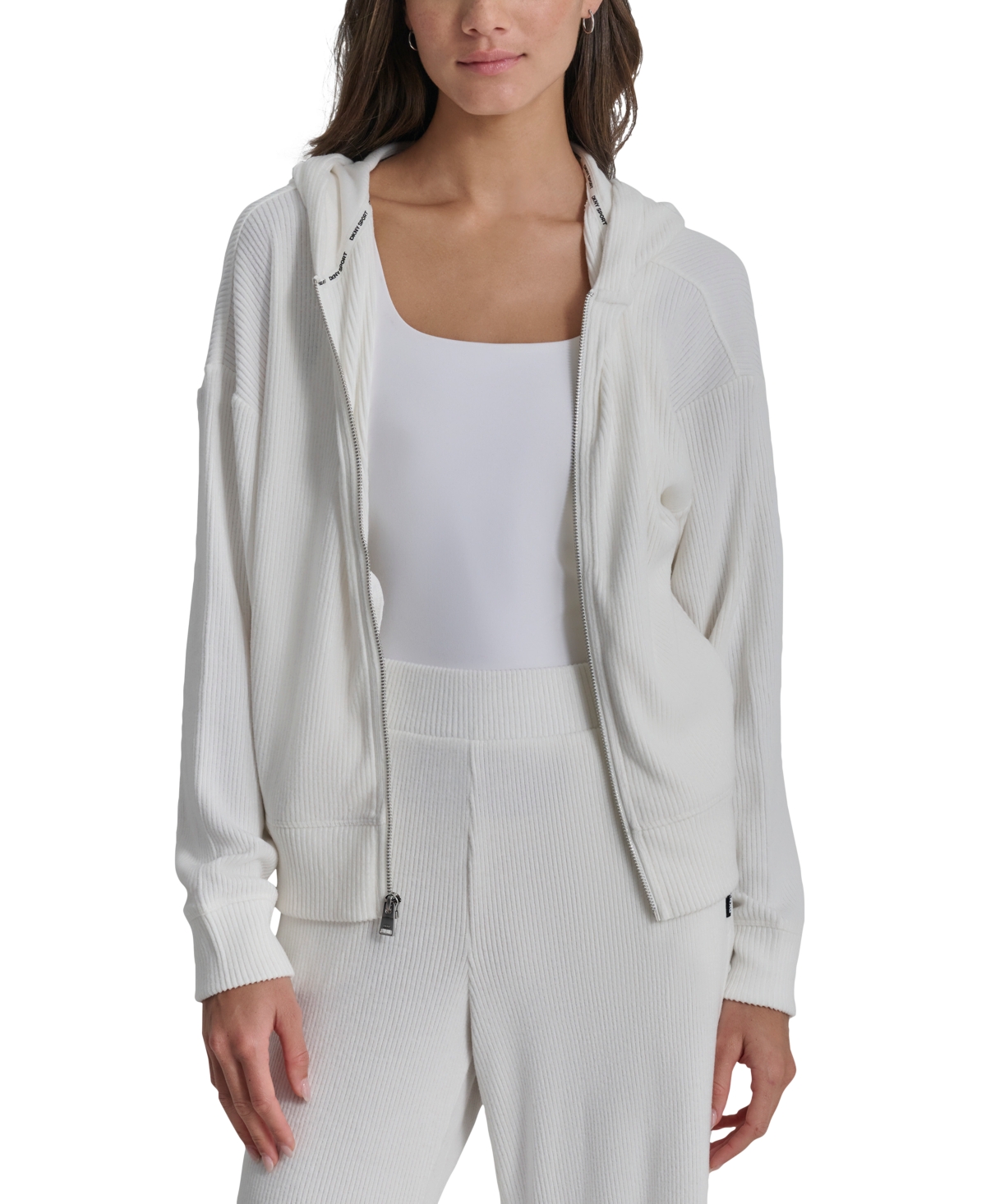 Dkny Women's Brushed Rib-Knit Front-Zip Hoodie Jacket