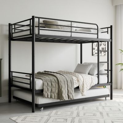 Twin Bunk Bed with Trundle, Metal, Noise Free, Black