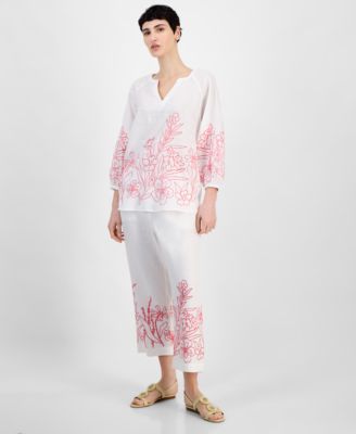 Womens Embroidered 100 Linen 3 4 Sleeve Top Embroidered 100 Linen Cropped Pants Exclusively At Macys