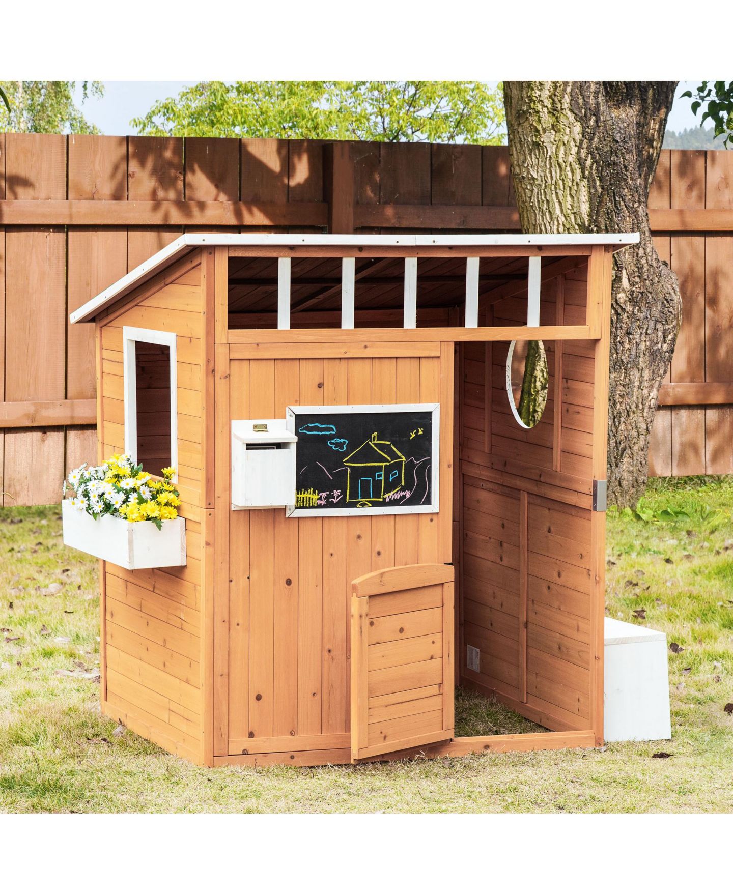Детская игрушка Streamdale Furniture Wooden Playhouse for Kids Outdoor with Working Door, Windows, Mailbox, Bench, Flowers Pot Holder, 48" x 42.5" x 53", цвет: Жёлтый — фото 7
