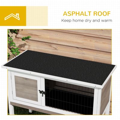 Elevated Wooden Rabbit Hutch, Indoor/Outdoor Bunny Cage with Hinged Asphalt Roof and Removable Tray for Single, Dwarf, or Guinea Pig, Brown