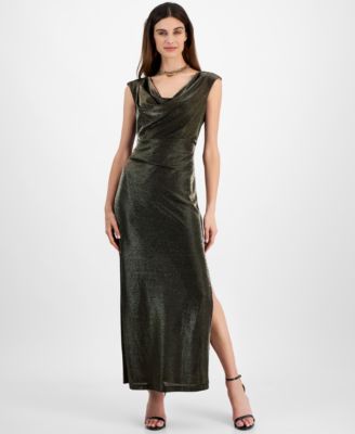 Connected - Petite Cowlneck Metallic-Threaded Evening Gown
