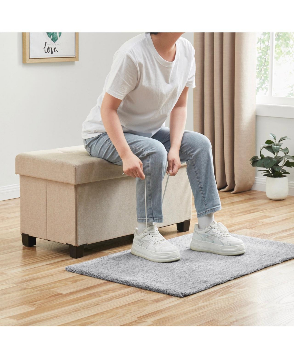 Ornavo Home Foldable Tufted 30 Inch Linen Bench Storage Ottoman with Legs