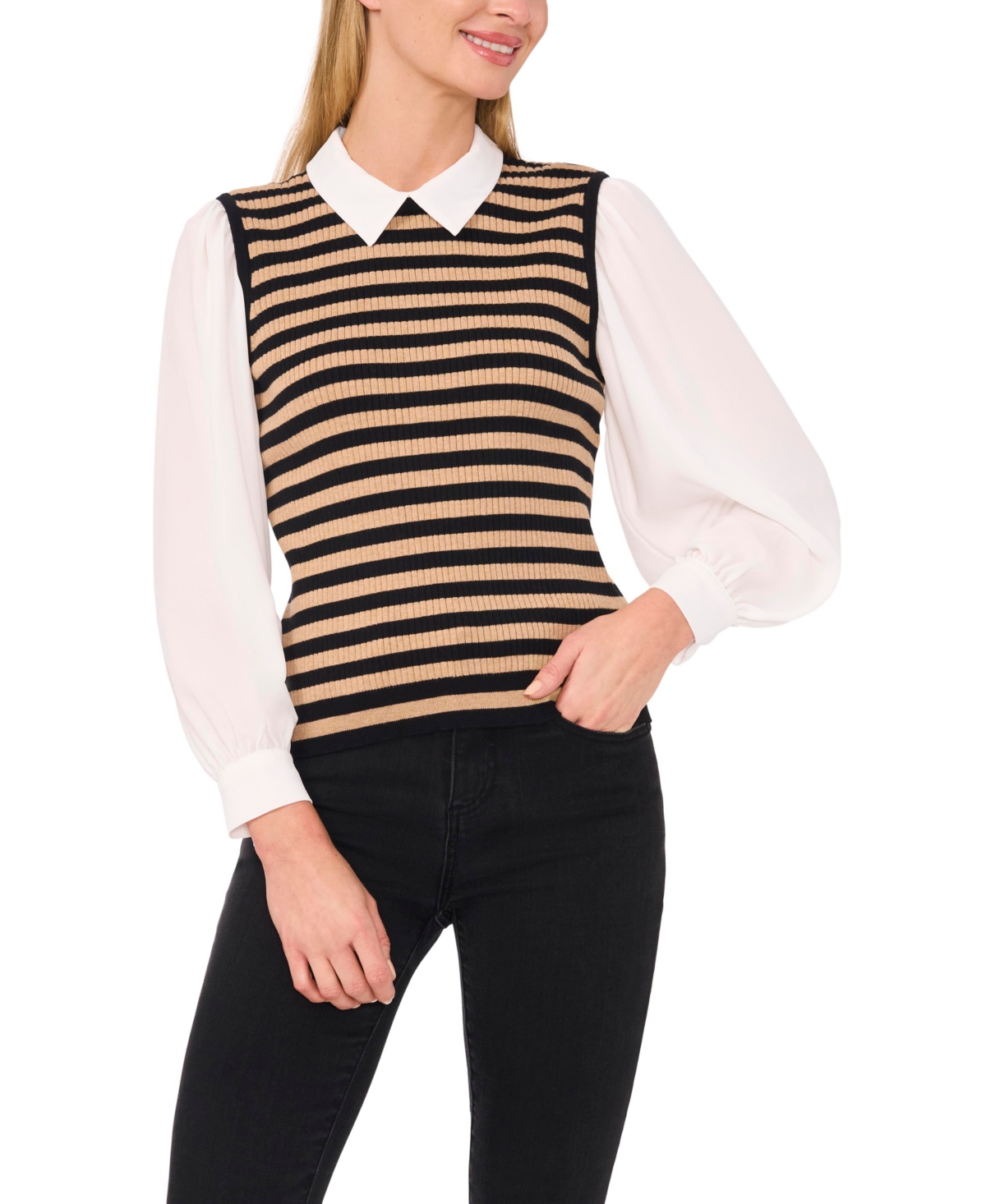Cece Stripe Mixed Media Sweater Top In Rich Black