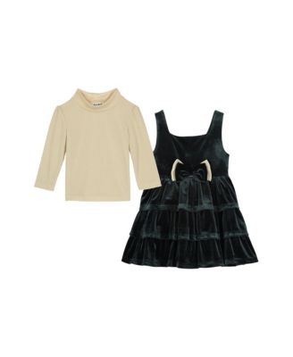 Toddler and Little Girls Long Sleeve Ribbed Mock Neck Top and Velvet Jumper, 2-Piece Set