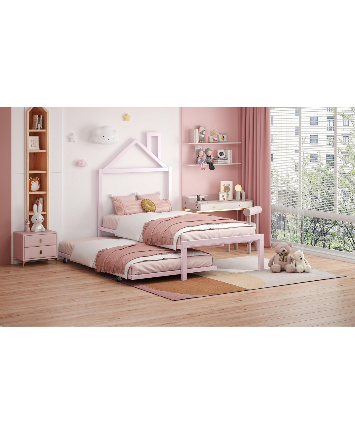 Slickblue Twin Size Metal Platform Bed with Trundle and House-Shaped Headboard for Kids or Guests