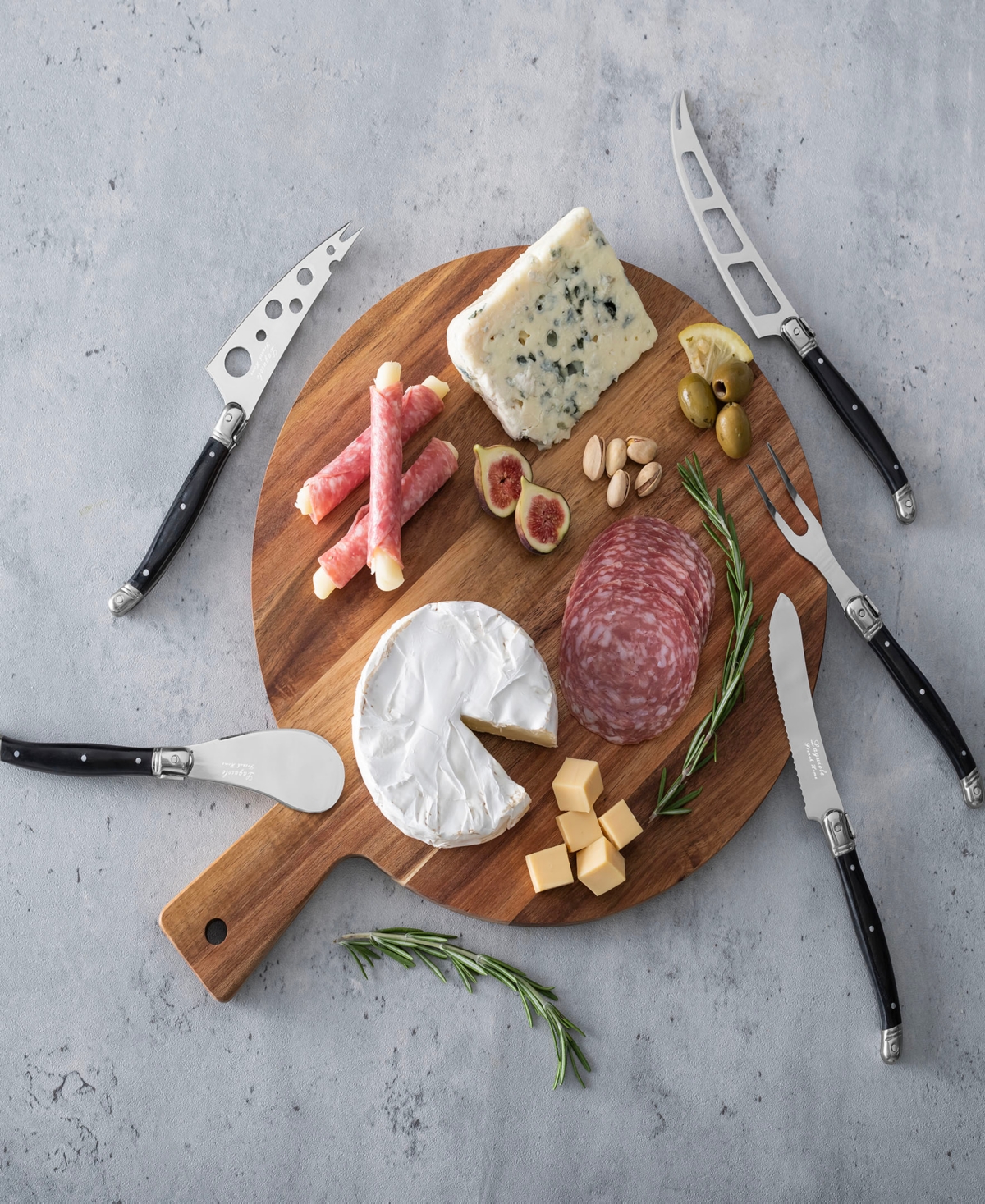 French Home Laguiole 6-piece Artisan Cheese Knife Set And Round Wood Board In Black And Wood