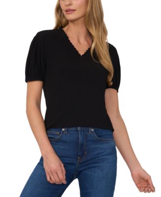 CeCe - Women's Scalloped V-Neck Puff-Sleeve Knit Top