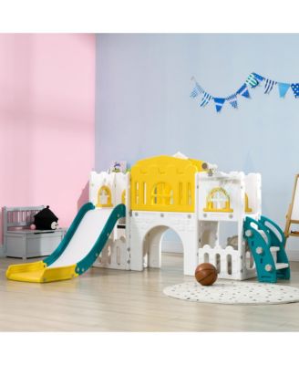 8 in 1 Toddler Slide for Kids Age 1-3 Years, Indoor Kids Slide Playset with Basketball Hoop, Climber, Telescope, Tunnel, Steering Wheel, Aisle, Storage Baskets, Yellow