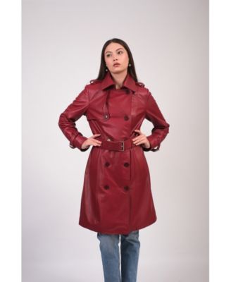 Women's Leather Trench Coat, Burgundy, Created for Macy's