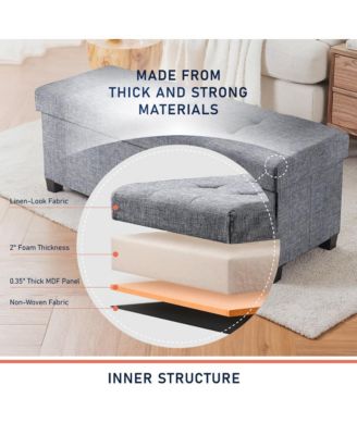 Foldable Tufted 43 Inch Long Linen Bench Storage Ottoman with Legs