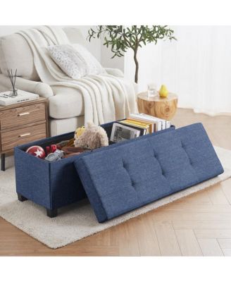 Foldable Tufted 43 Inch Long Linen Bench Storage Ottoman with Legs