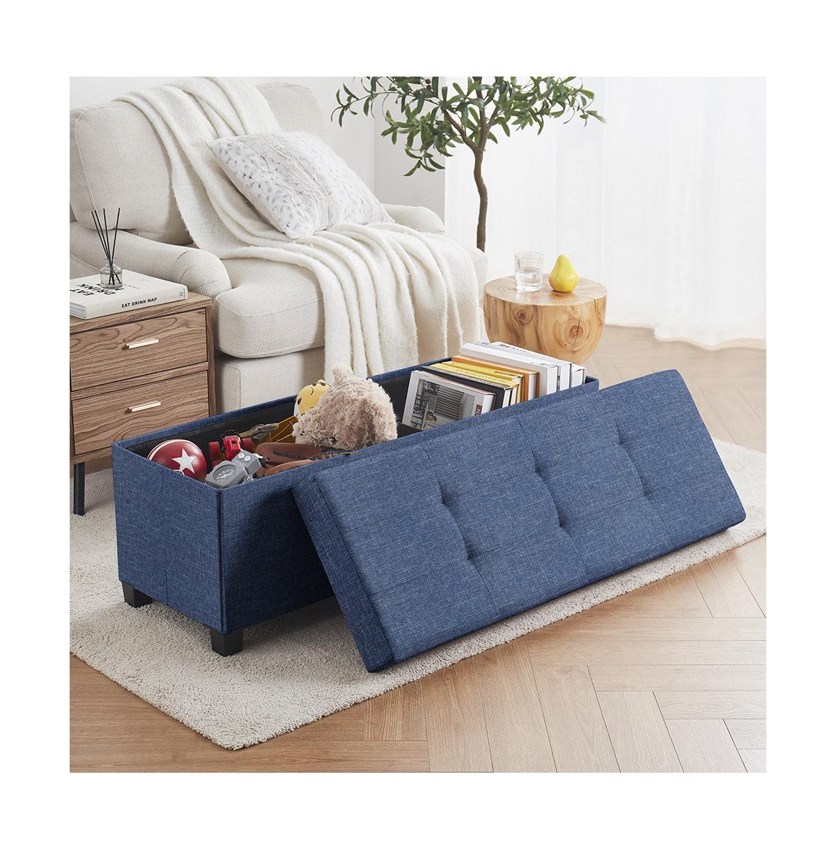 Ornavo Home Foldable Tufted 43 Inch Long Linen Bench Storage Ottoman with Legs
