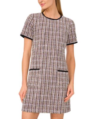 Women's Contrast-Trim Tweed Short-Sleeve Dress 