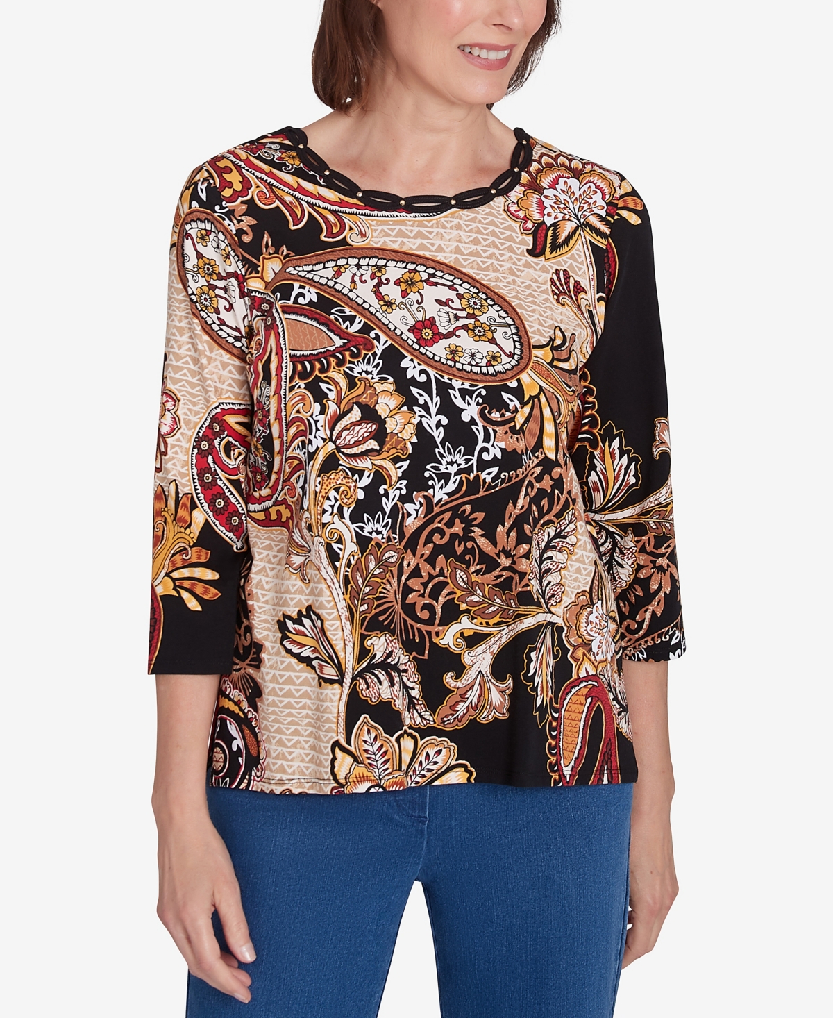 Petite Key Items Braided Neck Paisley Tee - Black/Tan