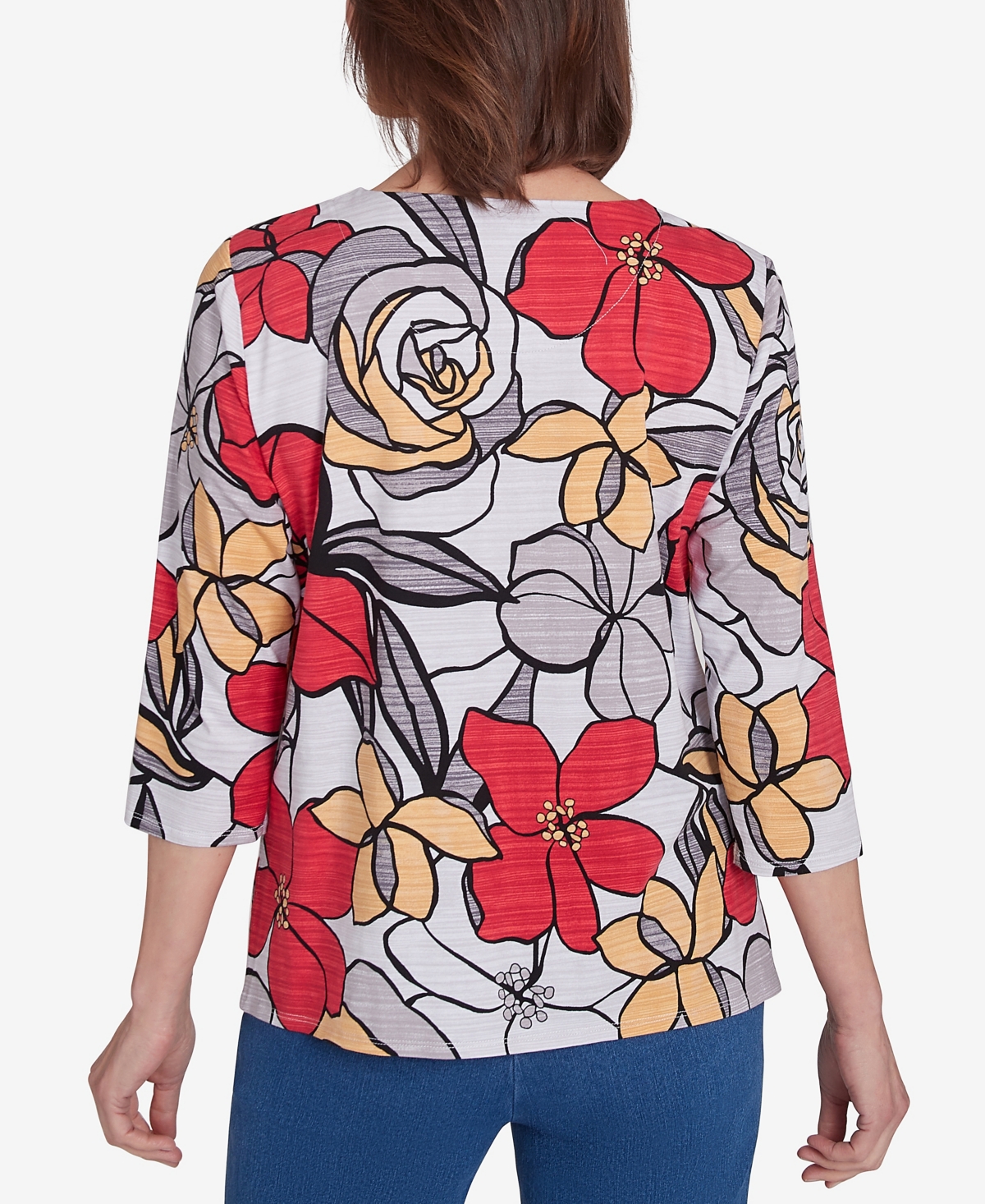Alfred Dunner Petite Key Items Bold Floral Print Three Quarter Sleeve Tee In Multi