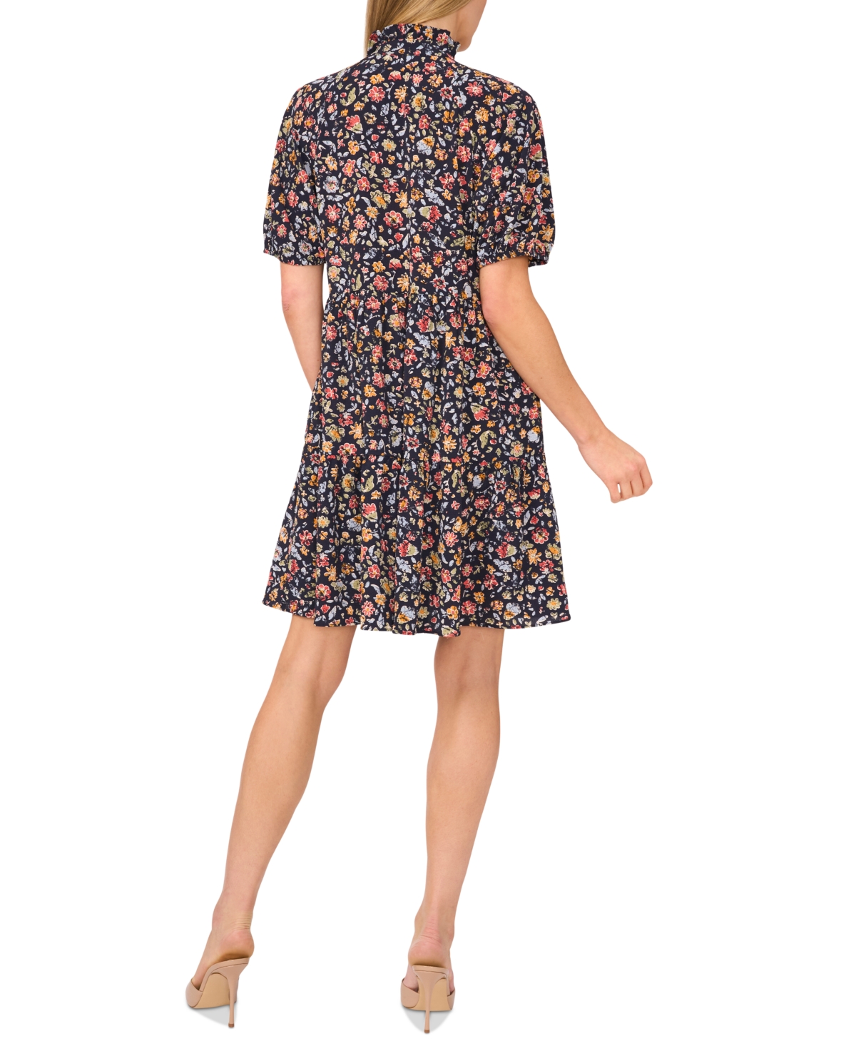 Shop Cece Women's Floral Ruffled Short Puff-sleeve Dress In Classic Navy