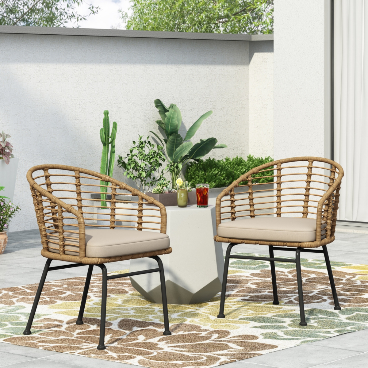 Modern Wicker Chair With Angled Legs And Water-Resistant Cushions