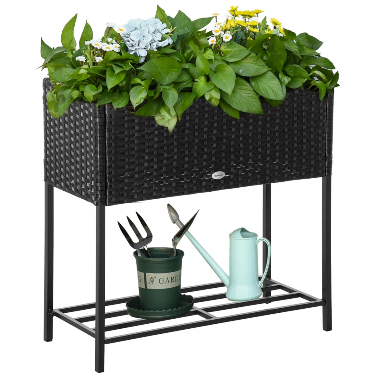Streamdale Furniture Raised Garden Bed, Elevated Planter Box with Rattan Wicker Look, Tool Storage Shelf, Portable Design for Herbs, Vegetables, Flowe