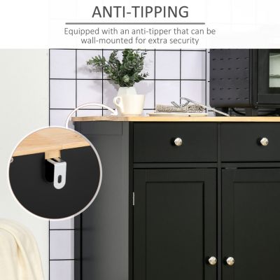 Sideboard with Solid Wood Countertop, Modern Kitchen Storage Cabinet, Coffee Bar Cabinet with 3 Drawers, Doors and Adjustable Shelf, Black