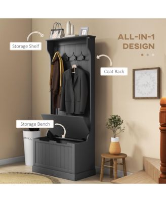 28" 3-In-1 Entryway Hall Tree with Storage Bench, Coat Rack with Four Hooks and Shoe Storage, Black