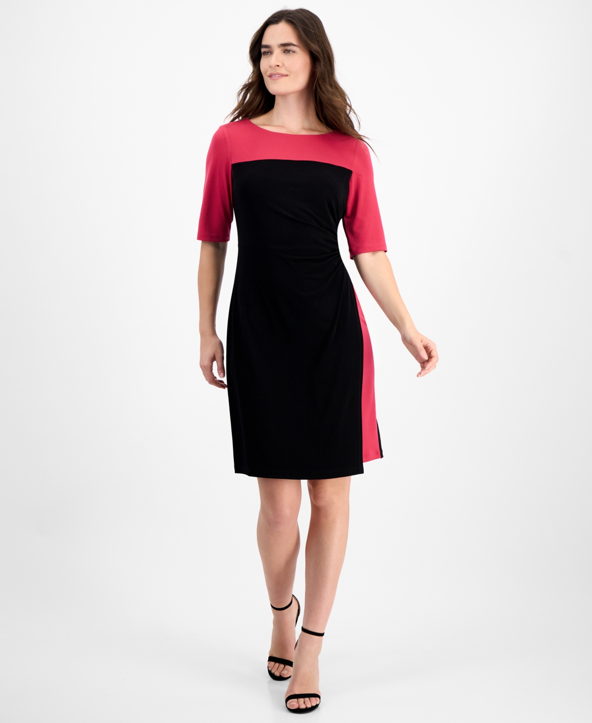 Connected Women's Colorblocked Elbow-Sleeve Bateau-Neck Dress - F/b