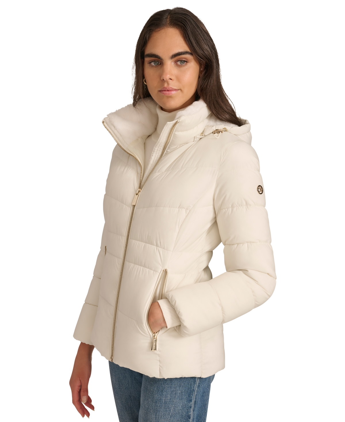 Shop Calvin Klein Petite Faux-fur-lined Hooded Puffer Coat In Eggshell