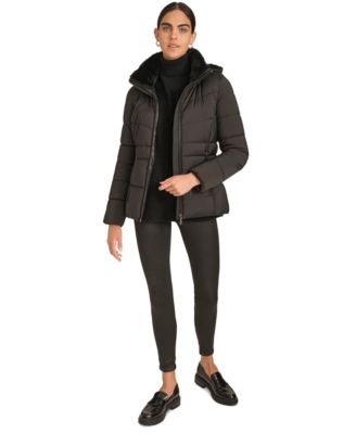 Petite Faux-Fur-Lined Hooded Puffer Coat