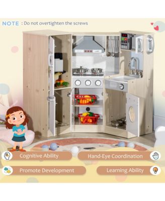 Ultra-Big Corner Kids Kitchen Playset with Sound Effects, Wooden Play Kitchen with Stainless Steel Cooking Toys, Imaginative Pretend Toy for Ages 3-6 with Phone, Ice Maker