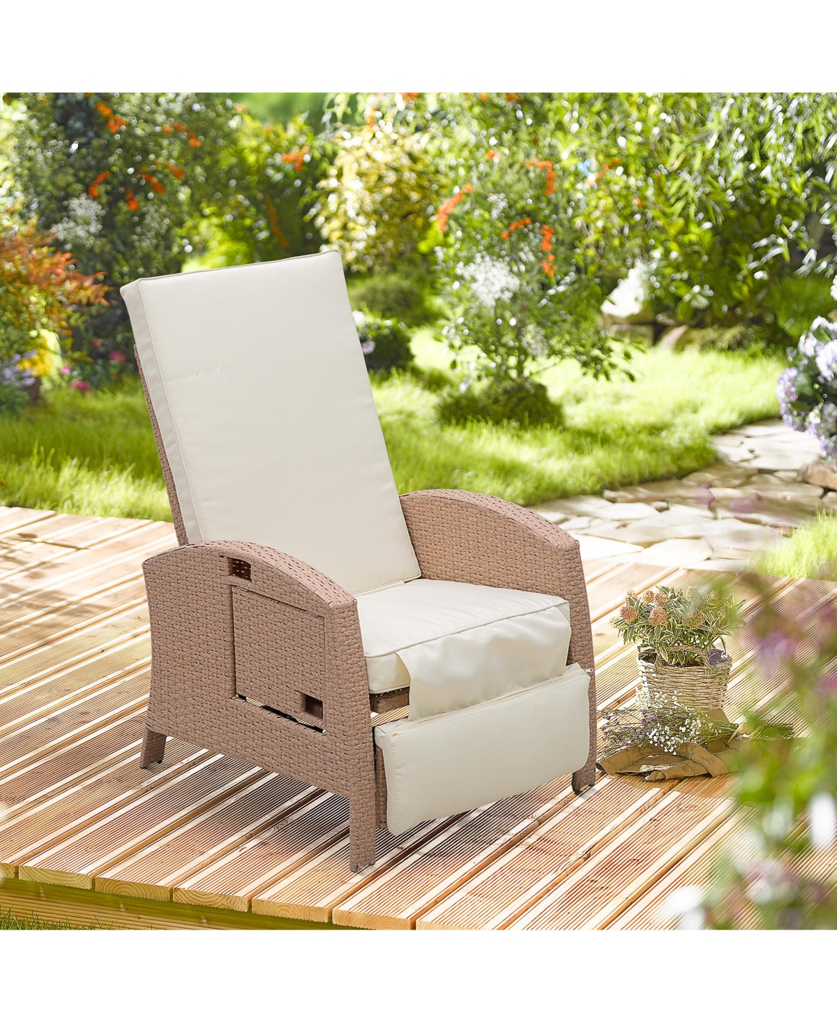 Streamdale Furniture Patio Recliner, Outdoor Reclining Chair with Flip-Up Side Table, All-Weather Wicker Metal Frame Chaise with Footrest, Cushions, B
