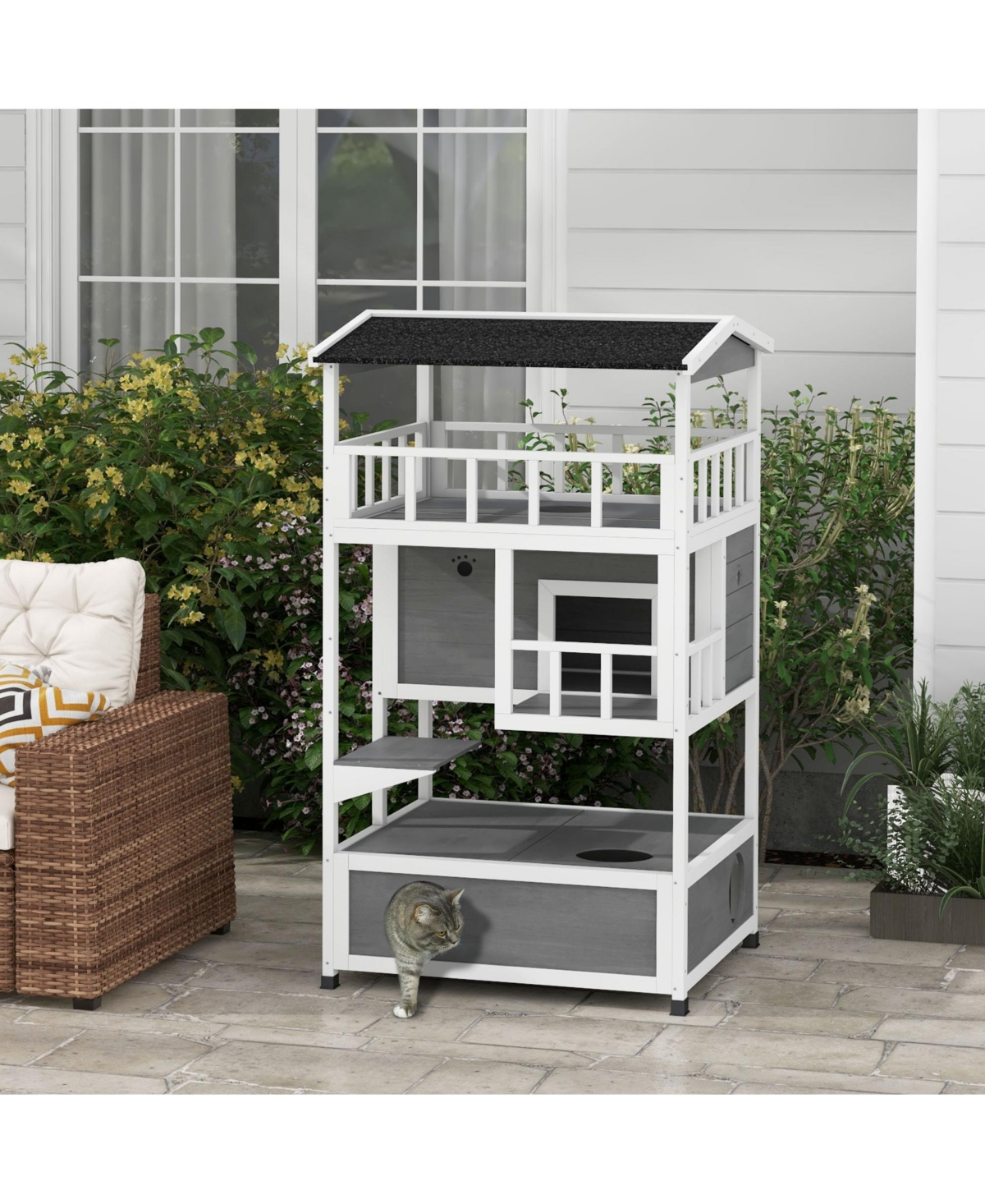 Streamdale Furniture Wooden Outdoor Cat House, Feral Cat Shelter Kitten Condo with Asphalt Roof, Escape Doors, Condo, Jumping Platform,- L