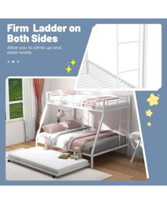 Twin Over Full Metal Slats Bunk Bed Frame with Trundle, Guard Rail & Ladders