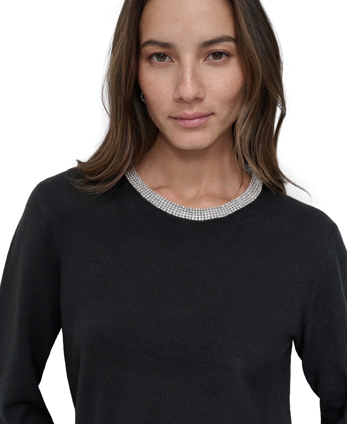 Dkny Jeans Women's Rhinestone Collar Crewneck Sweater - BLK - BLACK