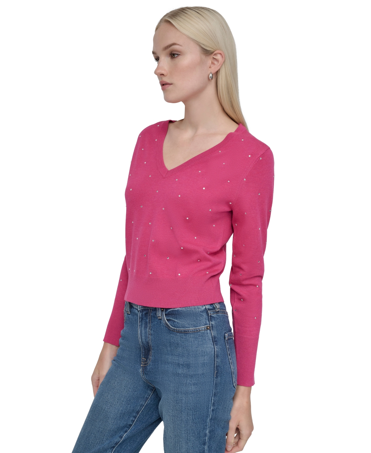 Shop Dkny Jeans Women's Studded V-neck Sweater In Joj - Festive Pnk Heather