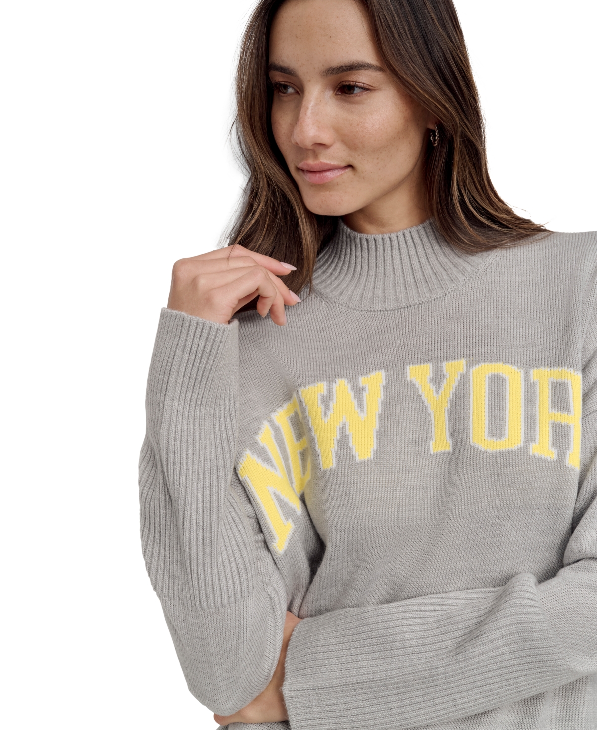Dkny Jeans Women's New York Intarsia-Knit Mock Neck Sweater - J1G - PRL GRY HR/ACD YLW