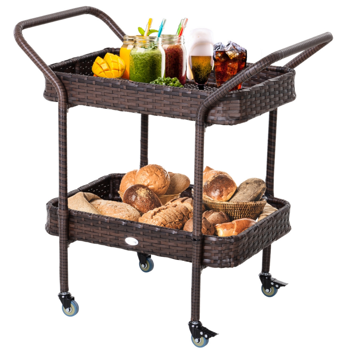 Rattan Wicker Serving Cart: 2-Tier Outdoor Bar Cart with Brakes