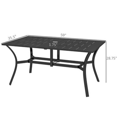 Rectangle Outdoor Dining Table for 6 People, Steel Rectangular Patio Table with Umbrella Hole, Steel Frame for Garden, Balcony, Black