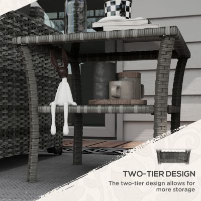 Rattan Side Table, Outdoor End Table with Storage Shelf, Aluminum Frame Square, Coffee Table with Tempered Glass Top, Mixed Gray