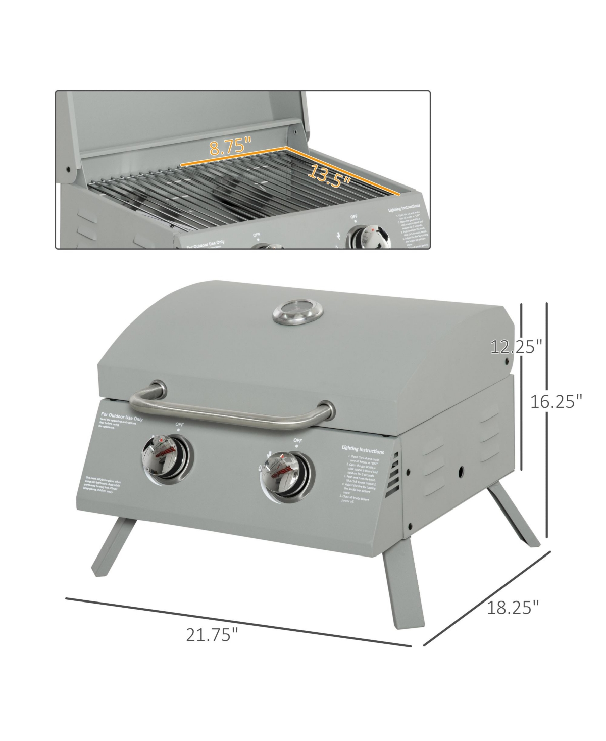 Streamdale Furniture 2 Burner Propane Gas Grill Outdoor Portable Tabletop Bbq with Foldable Legs, Lid, Thermometer for Camping, Picnic, Backyard, Ligh