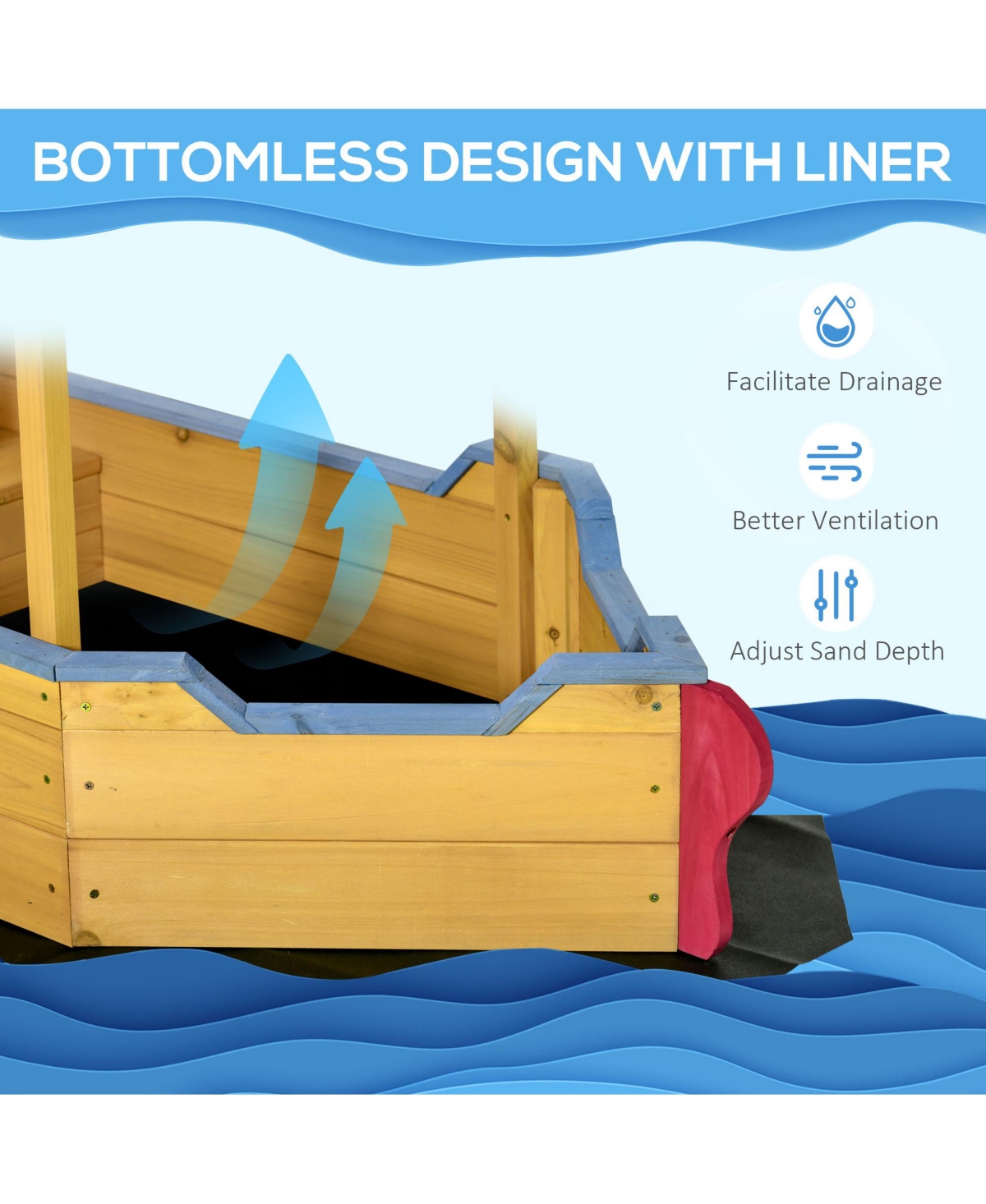 Streamdale Furniture Pirate Ship Sandbox with Cover and Rudder, Wooden Sandbox with Storage Bench and Seat, Outdoor Toy for Kids Ages 3-8 Years Old