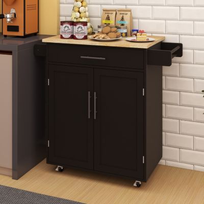 28.18" E1 MDF, Rubber Wood Drawer, Doors, Adjustable Shelves, Towel & Seasoning Racks, Locking Casters Rolling Kitchen Cart