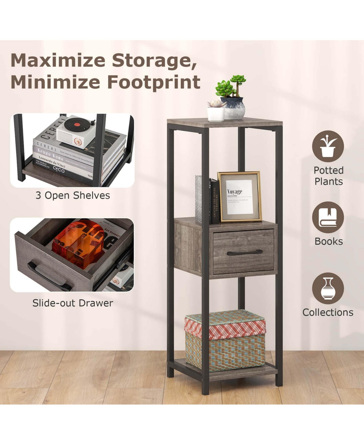 Costway 1 Pack 3 Tier Tall Metal Plant Stand Indoor Plant Table with Drawer Anti-tipping Devices