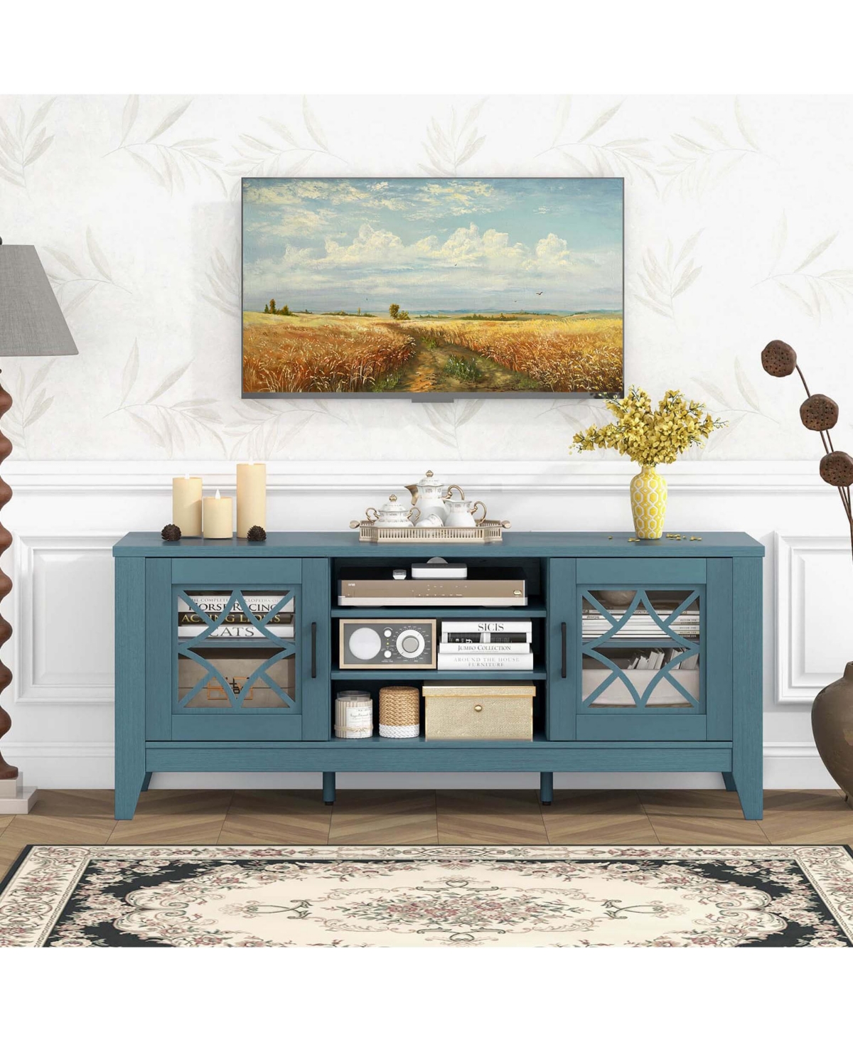 Costway Tv Stand for TVs up to with 3-Position Adjustable Shelves Tempered Glass Doors