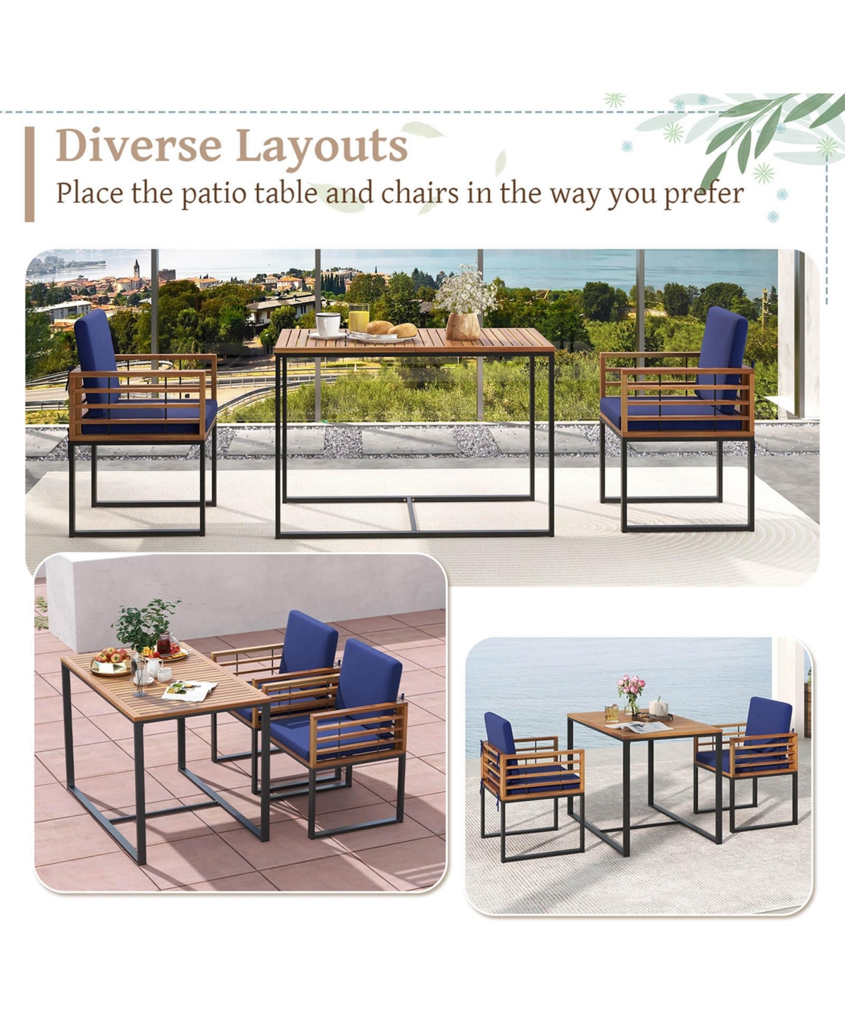 Costway 3 Pcs Patio Dining Table Set with Bistro Chairs Large Coffee Table Seat Cushions